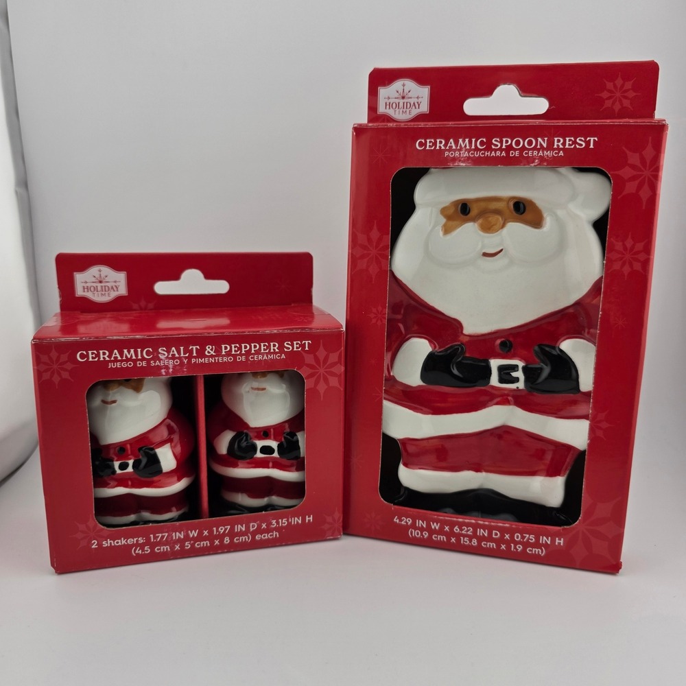 Holiday Time‎ Ceramic Santa Spoon Rest and Salt Pepper Shaker Set